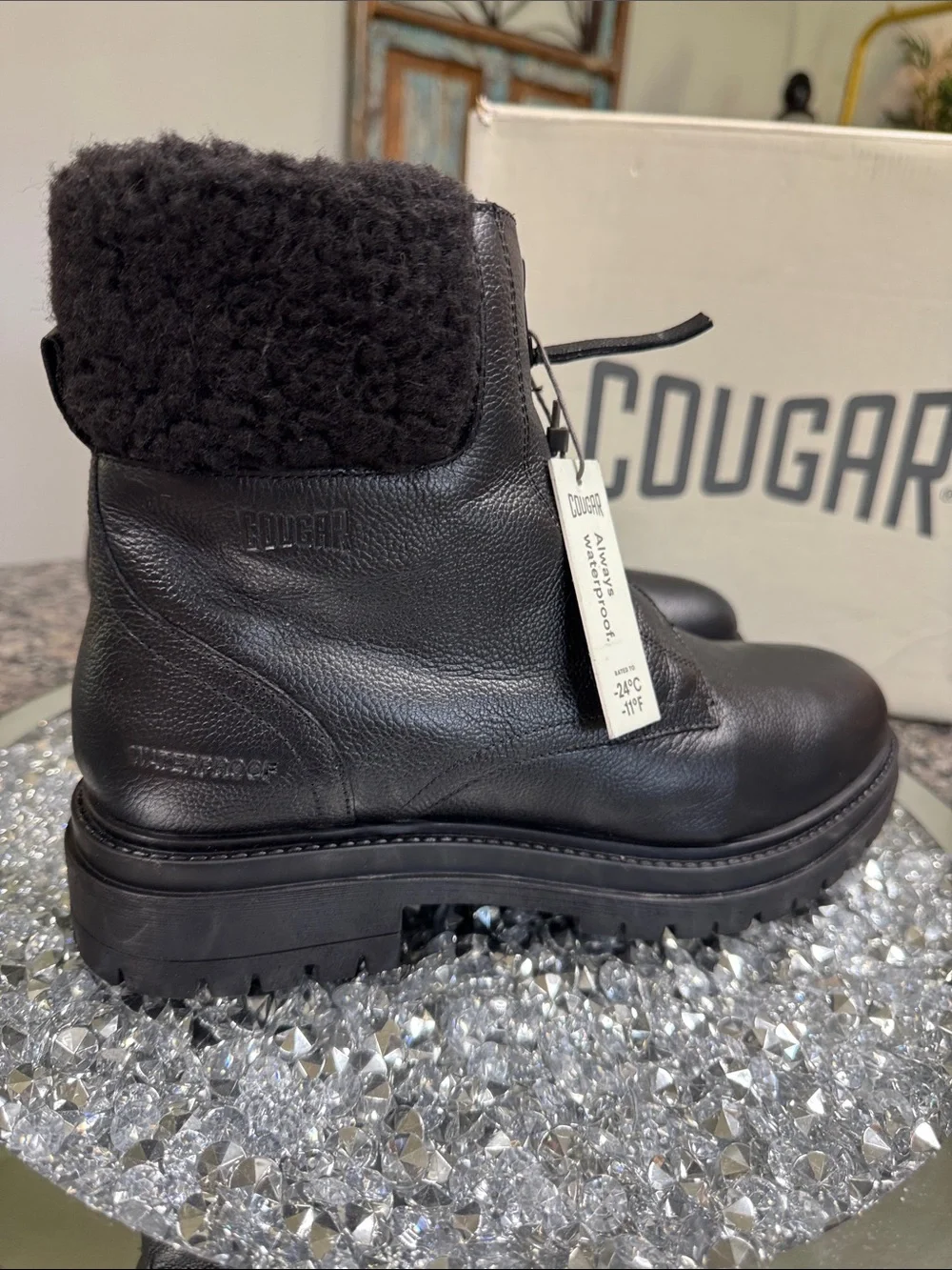 Cougar Vow Black Waterproof Leather Winter Ankle Boots with Shearling Cuff NEW